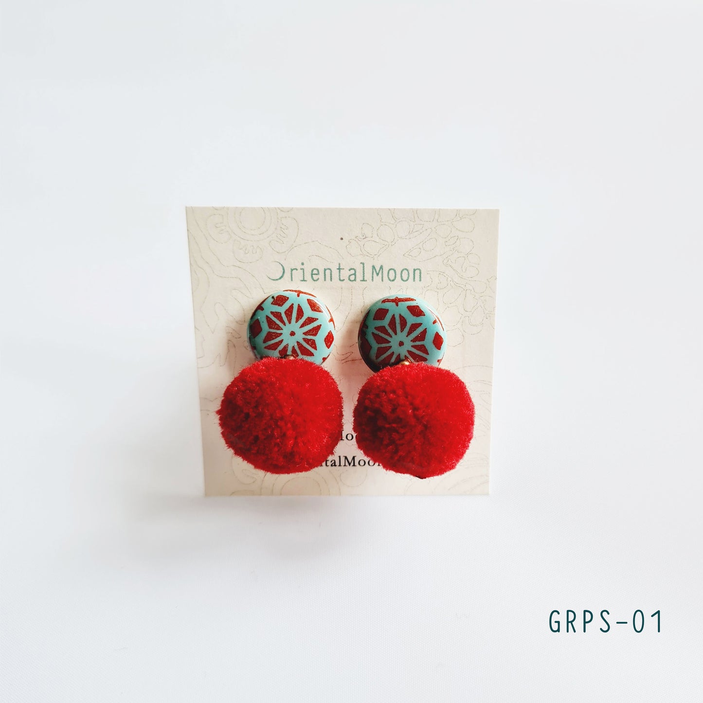 Red & white ceramic stud earrings decorated with Pom Pom ( Pattern type)