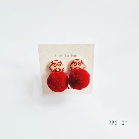 Red & white ceramic stud earrings decorated with Pom Pom ( Pattern type)