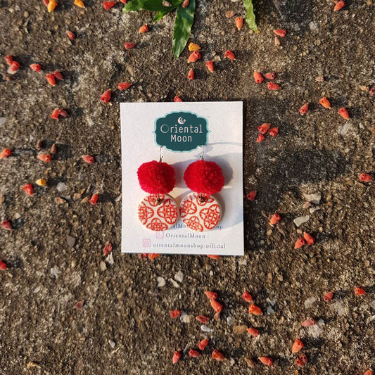 Red Chinese tiles pattern on ceramic hanging earrings decorated with Pom Pom( Pattern type)