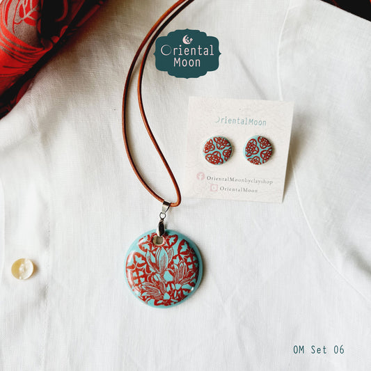 Red on green turquoise ceramic pendant set with earrings OM06 ชุดสร้อยคอจี้เซรามิคพร้อมต่างหู06