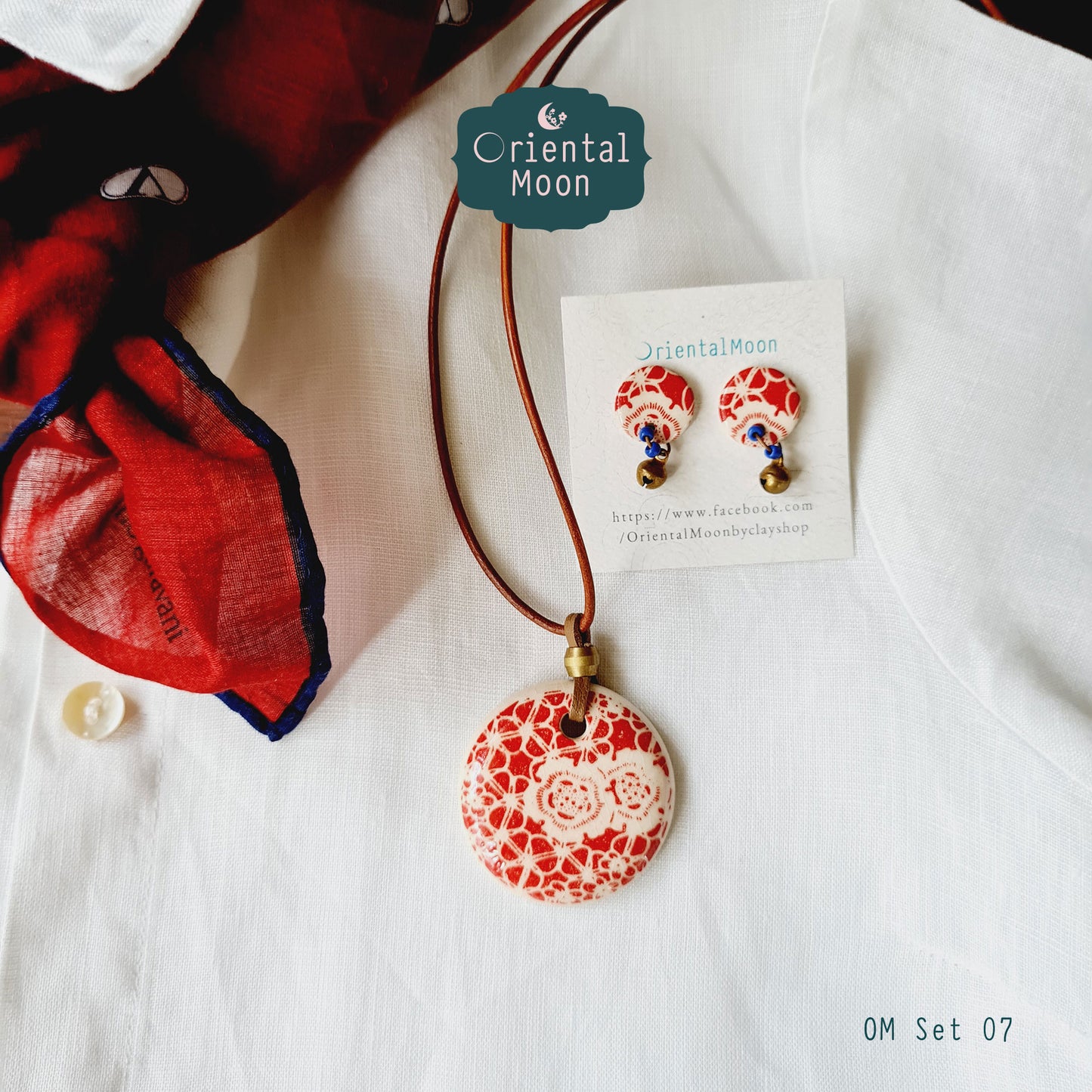 Red & White ceramic pendant set with earrings OM07 ชุดสร้อยคอจี้เซรามิคพร้อมต่างหู07