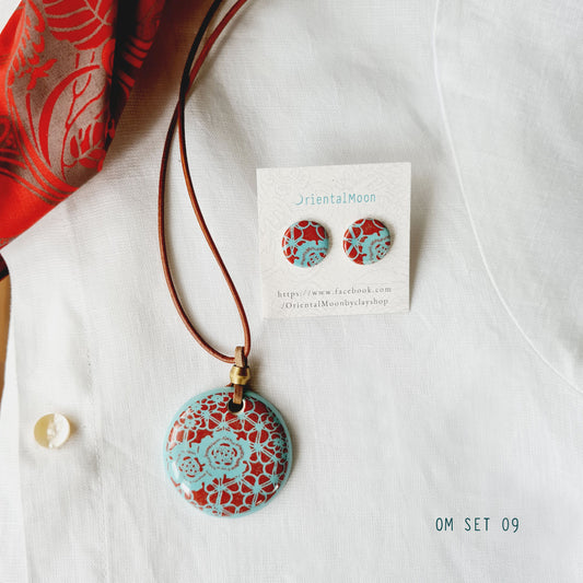 Red on turqouise green ceramic pendant set with earrings OM09 ชุดสร้อยคอจี้เซรามิคพร้อมต่างหู09